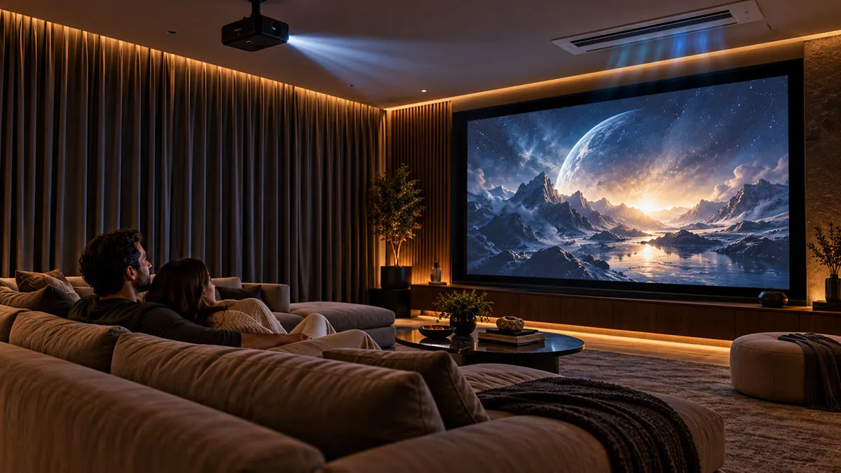 Casal assistindo a um filme na sala de cinema, com a luz baixa e a cortina fechada