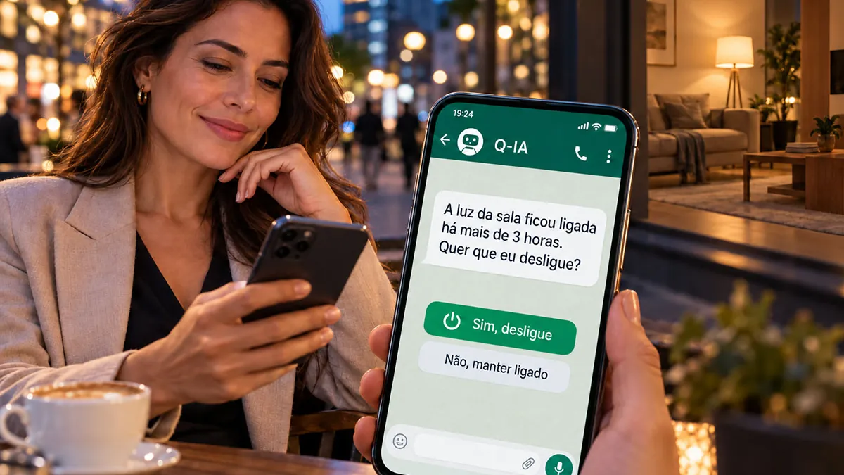 Mulher num café lendo no celular o aviso da Q-IA no WhatsApp sobre a luz da sala ligada