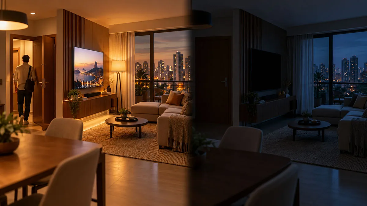 A sala com a luz e a TV ligadas e, ao lado, a mesma sala apagada depois que o morador saiu